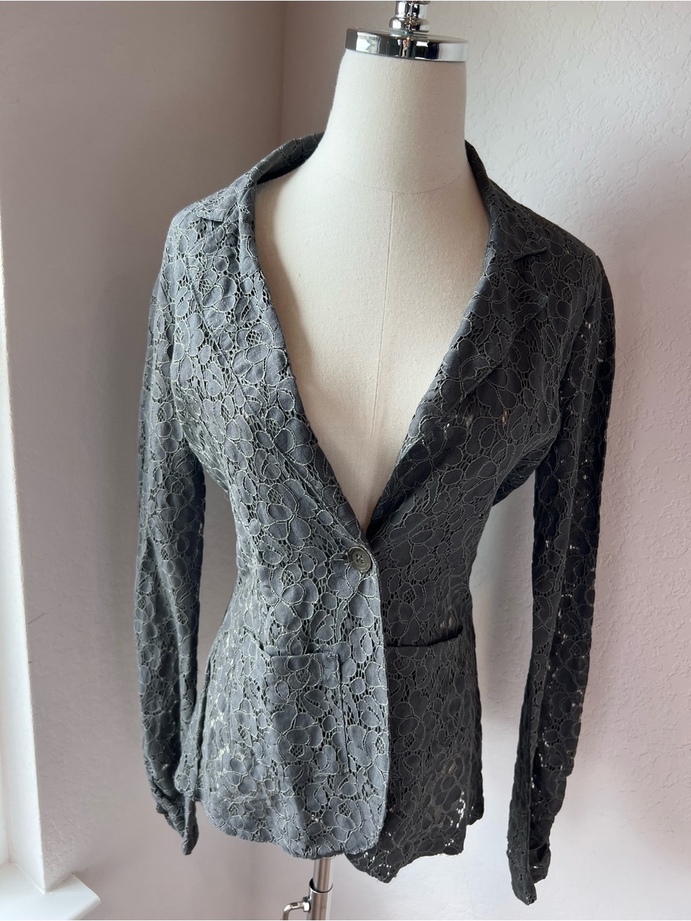Vintage Y2K Gray Lace Sheer Single Button Blazer Office Siren size M